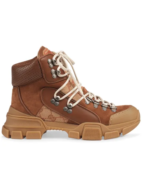 Click to view more detailed imagery on our partner's website Gucci High-Top Sneakers Flashtreck Canvas Smooth Leather Logo Patch Beige-Combo In 2590 Brown