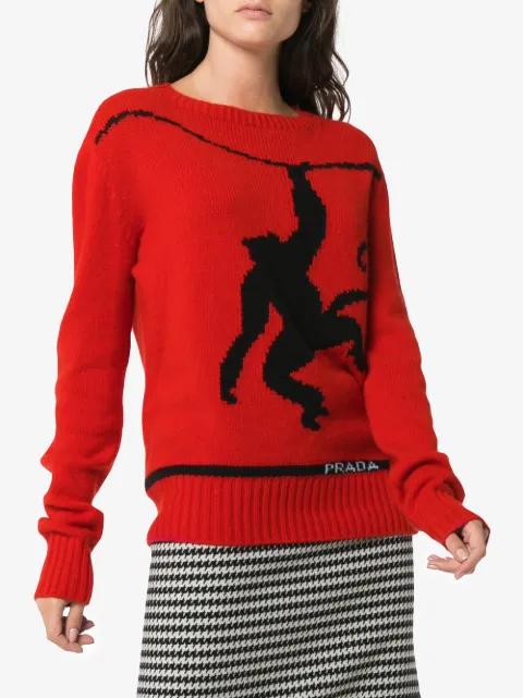 PRADA PRADA MONKEY INTARSIA WOOL CASHMERE BLEND JUMPER - RED
