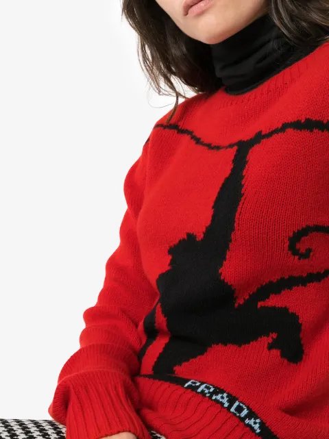 PRADA PRADA MONKEY INTARSIA WOOL CASHMERE BLEND JUMPER - RED