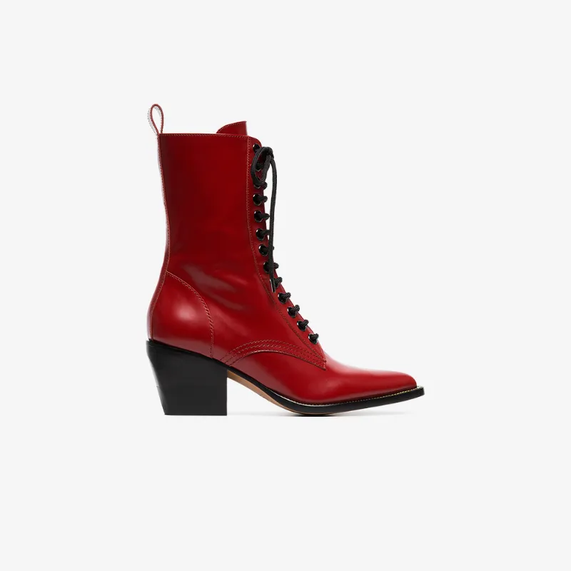 Chloé Chloe Rylee Shiny Leather Lace Up Buckle Boots In Red In Red