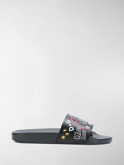 Dolce & Gabbana black, yellow and red graffti leather slides black | MODES