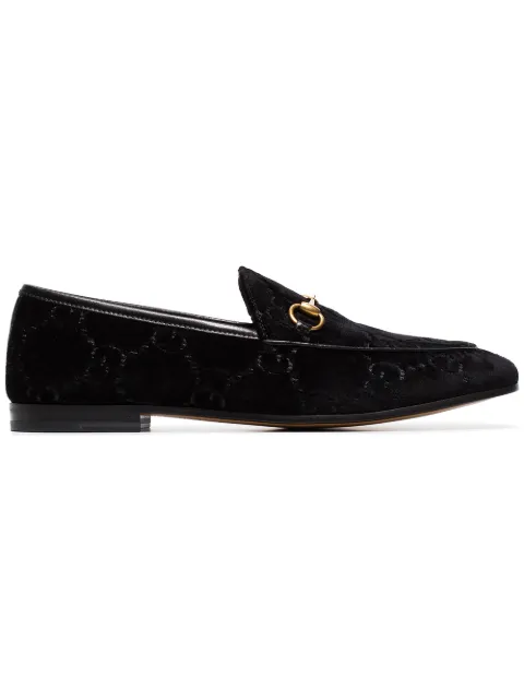 Click to view more detailed imagery on our partner's website Gucci Jordaan Horsebit-Detailed Leather-Trimmed Logo-Jacquard Loafers In 1000 Nero