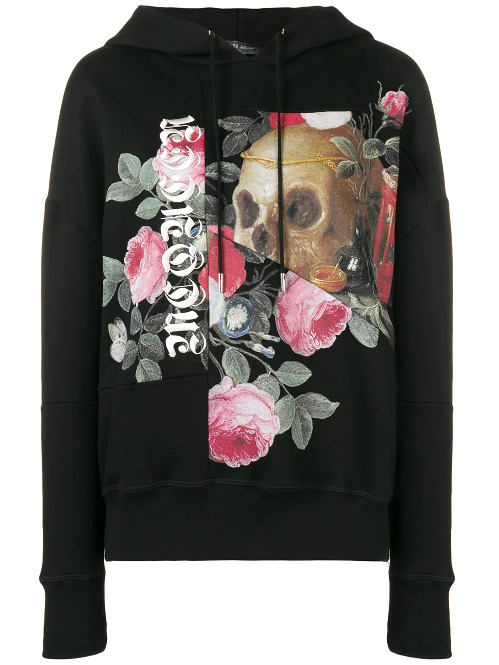 Alexander McQueen Felpa con design patchwork con teschi e rose con cappuccio - Nero