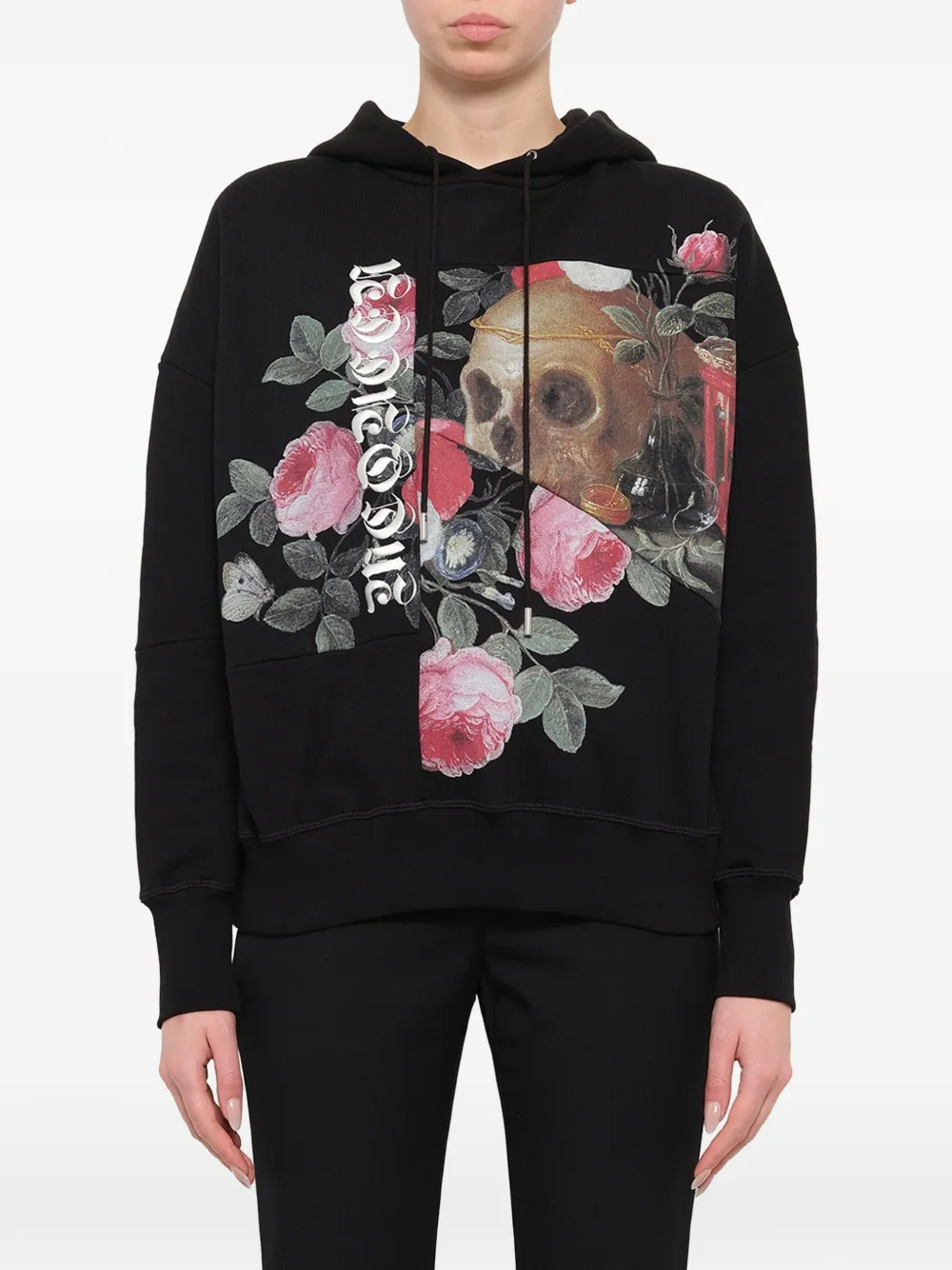 Alexander McQueen Felpa con design patchwork con teschi e rose con cappuccio - Nero