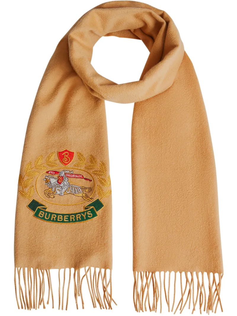 Burberry Embroidered Crest Cashmere Scarf In Yellow ModeSens