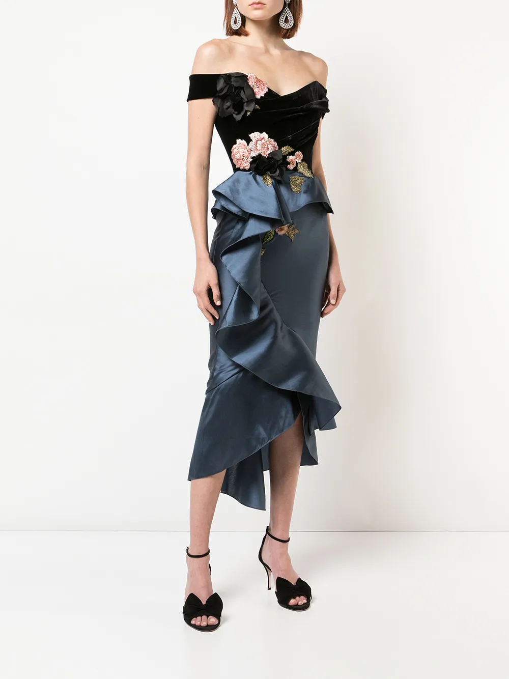 Marchesa off the shoulder cocktailjurk Zwart