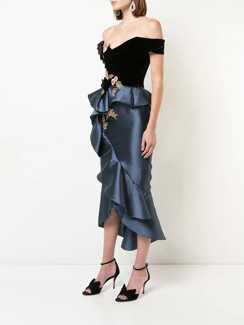 Marchesa off the shoulder cocktailjurk Zwart