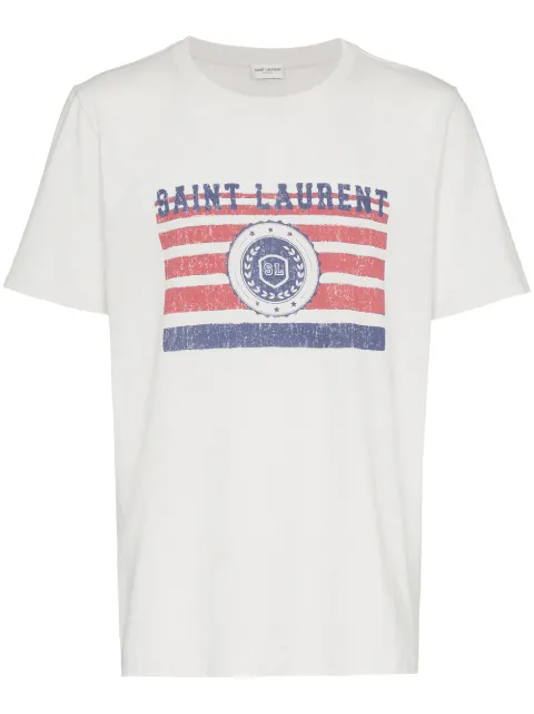 Click to view more detailed imagery on our partner's website Saint Laurent Flag & Logo Print Cotton Crewneck Tee In 9730 Beige