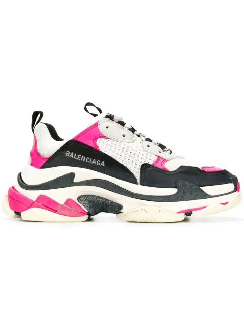 Click to view more detailed imagery on our partner's website Balenciaga Triple S Logo-Embroidered Leather, Nubuck And Mesh Sneakers In 5671 Rose Fluo/Noir/Blanc