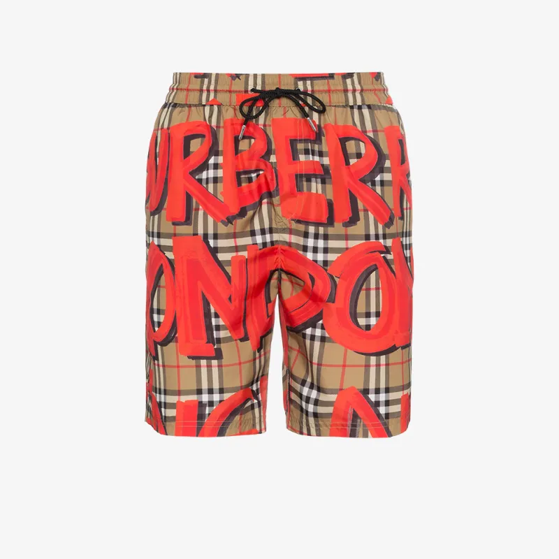 BURBERRY BURBERRY GRAFFITI LOGO CHECK PRINT SWIM SHORTS,800129112986783