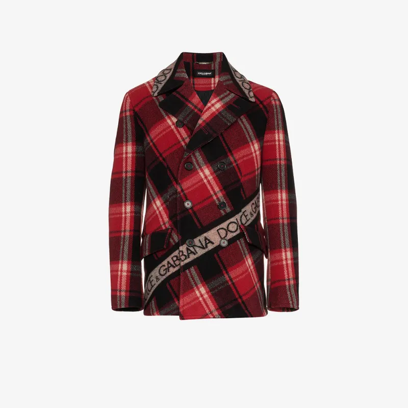 Dolce & Gabbana double breasted logo tape tartan wool blend pea coat