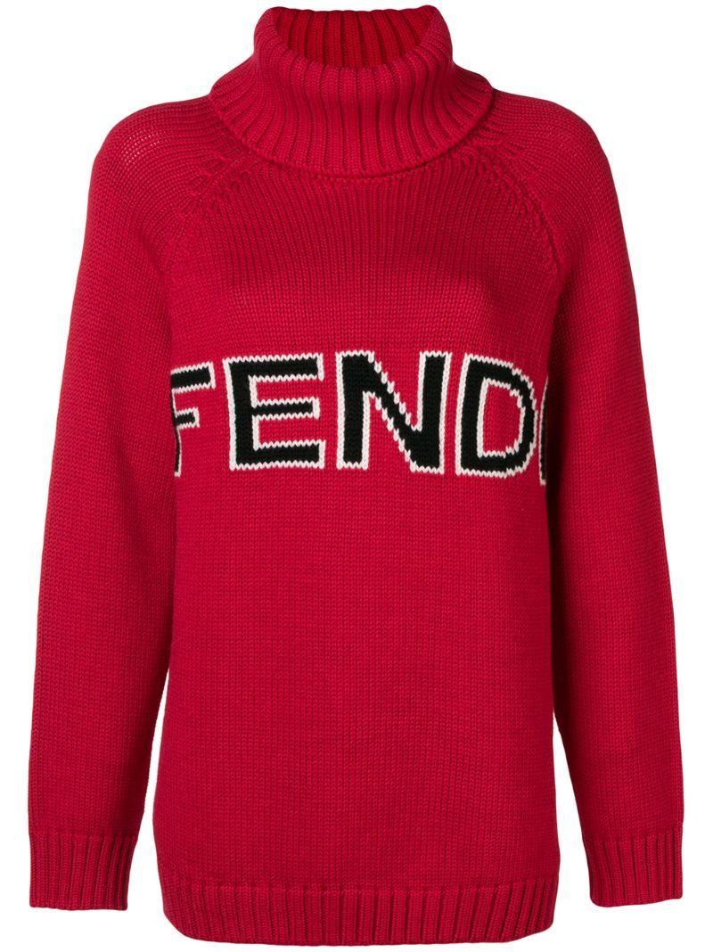 fendi logo嵌花初剪羊毛针织毛衣 红色