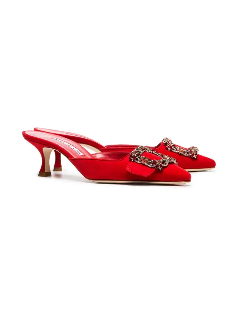 Manolo Blahnik red Maysale 50 crystal buckle suede mules