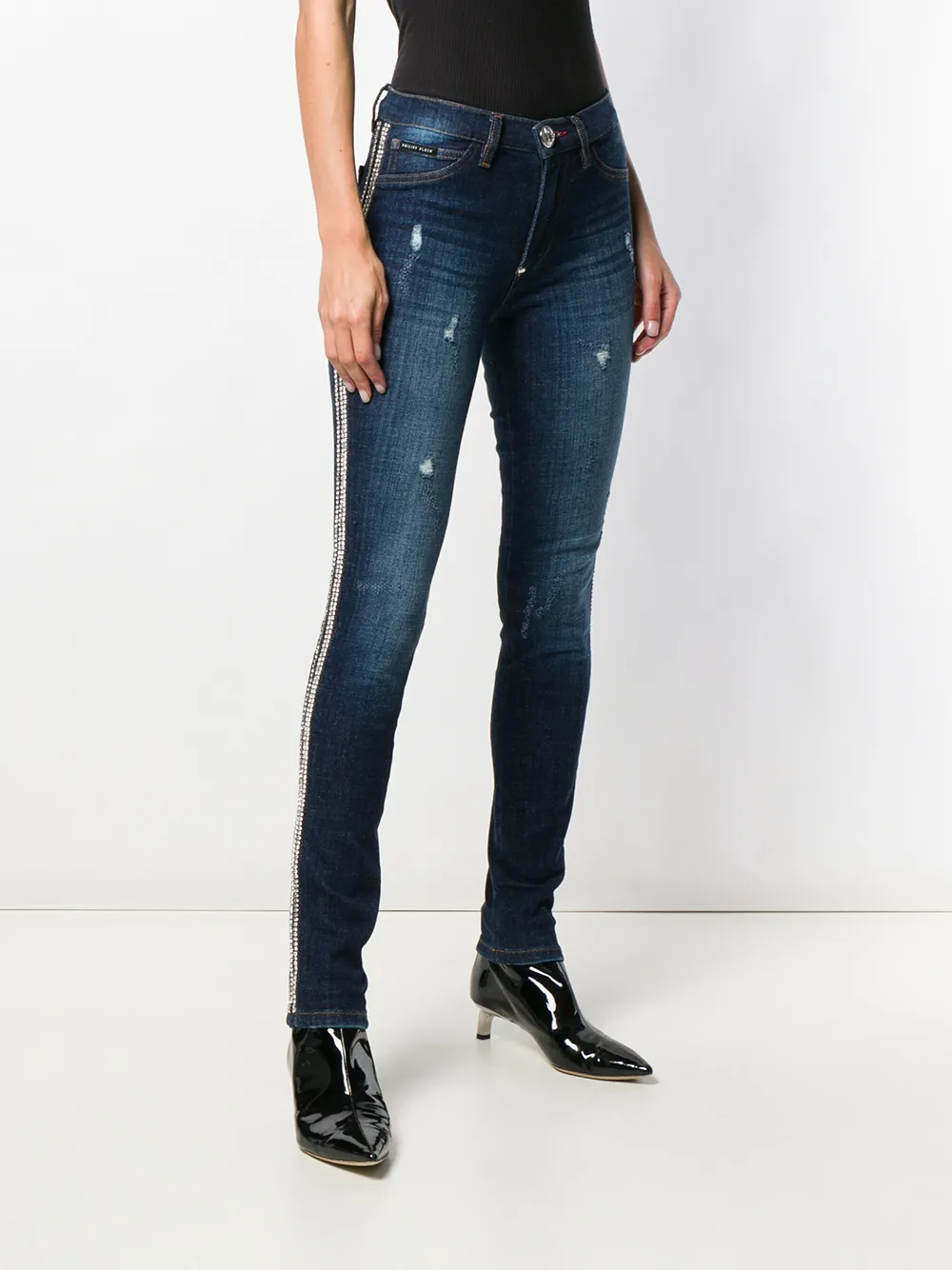  Philipp Plein Vaqueros Pitillo Con Ribete De Cristales - Azul 