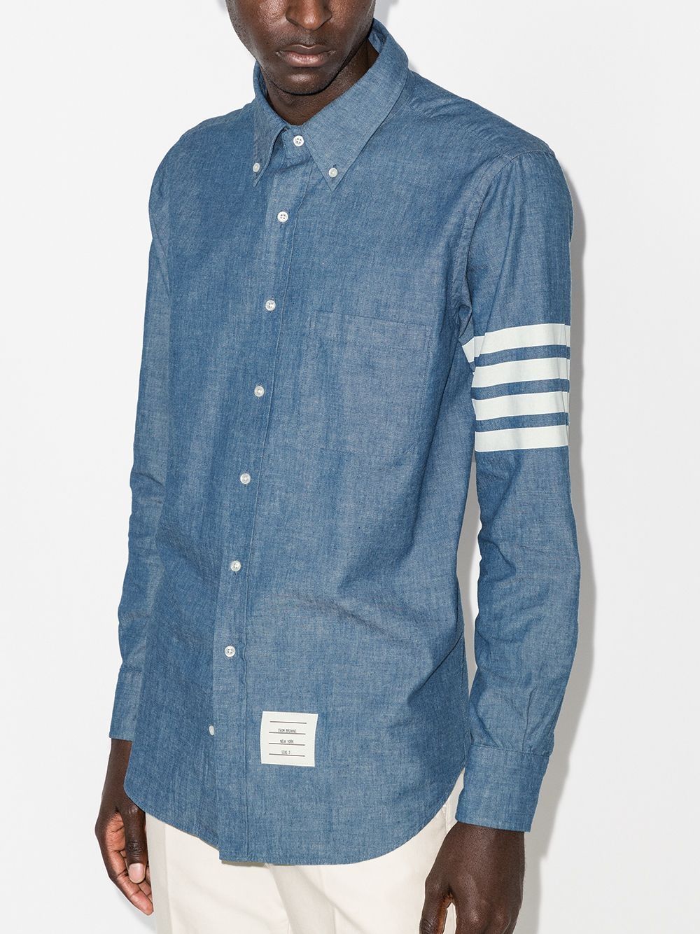 Shop Thom Browne 4-bar Straight-fit Chambray Shirt In Blue