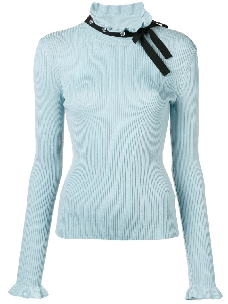 RED VALENTINO RED VALENTINO NECK-TIED RIBBED SWEATER - BLUE