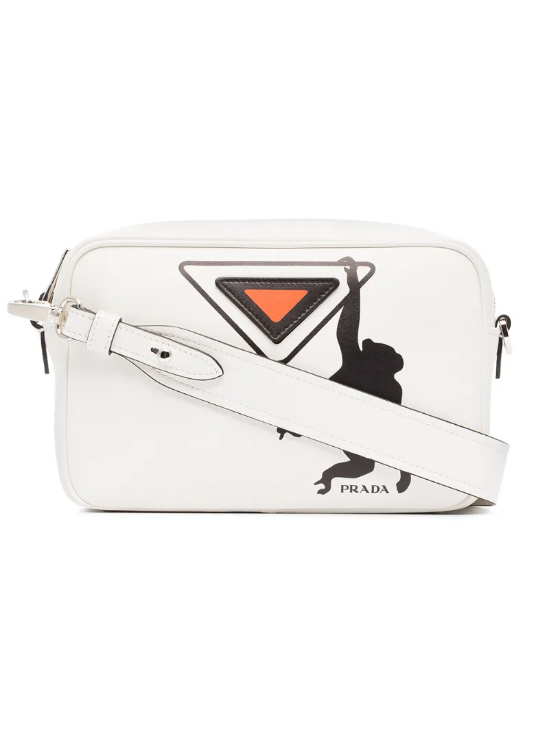 PRADA PRADA WHITE, BLACK AND ORANGE MONKEY LEATHER CAMERA BAG