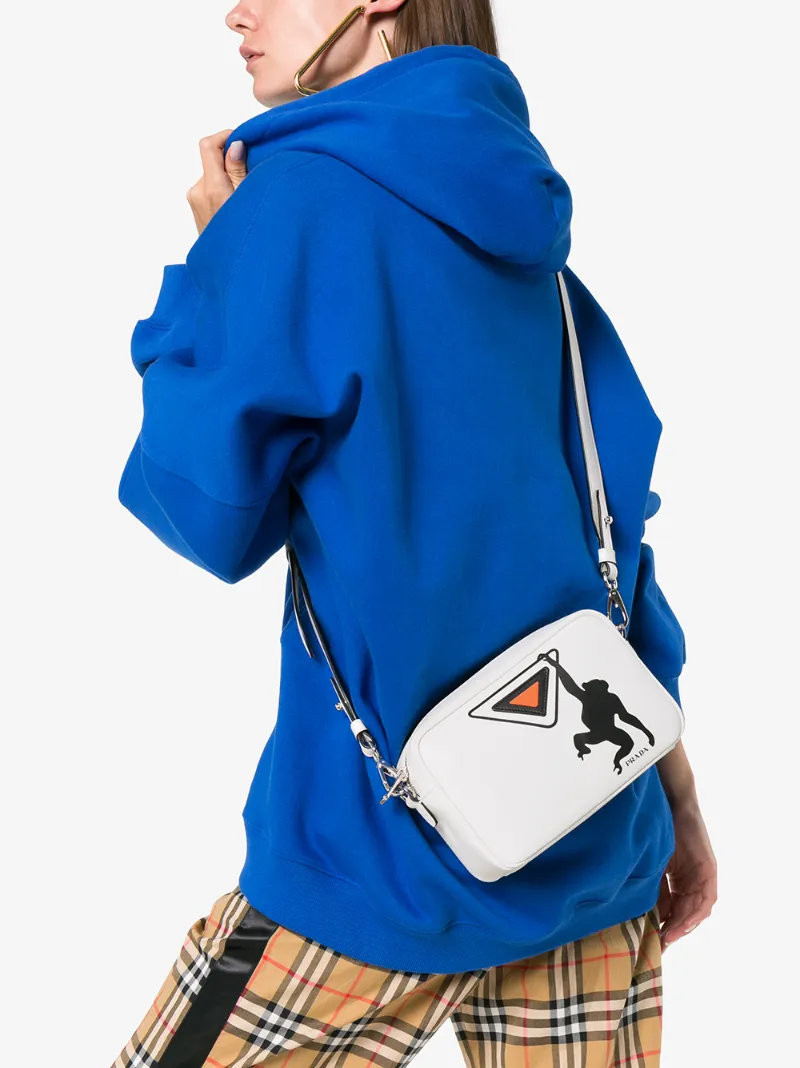 PRADA PRADA WHITE, BLACK AND ORANGE MONKEY LEATHER CAMERA BAG