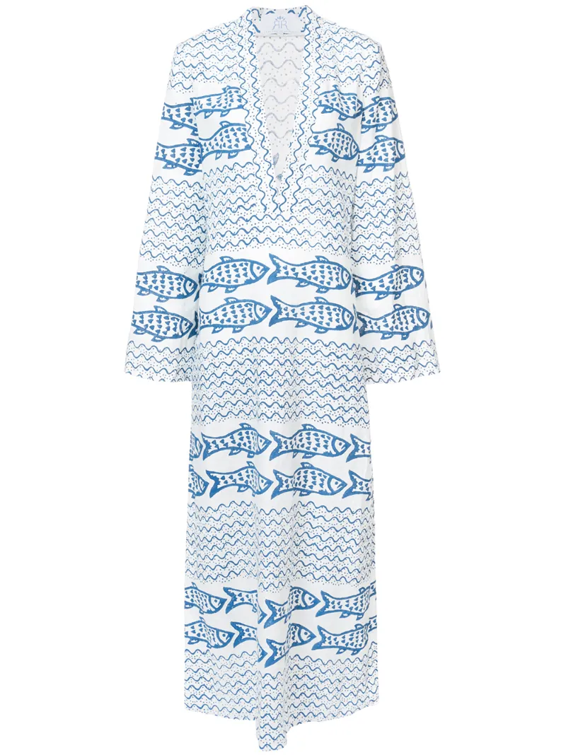 REBECCA DE RAVENEL FISH PRINT MAXI DRESS