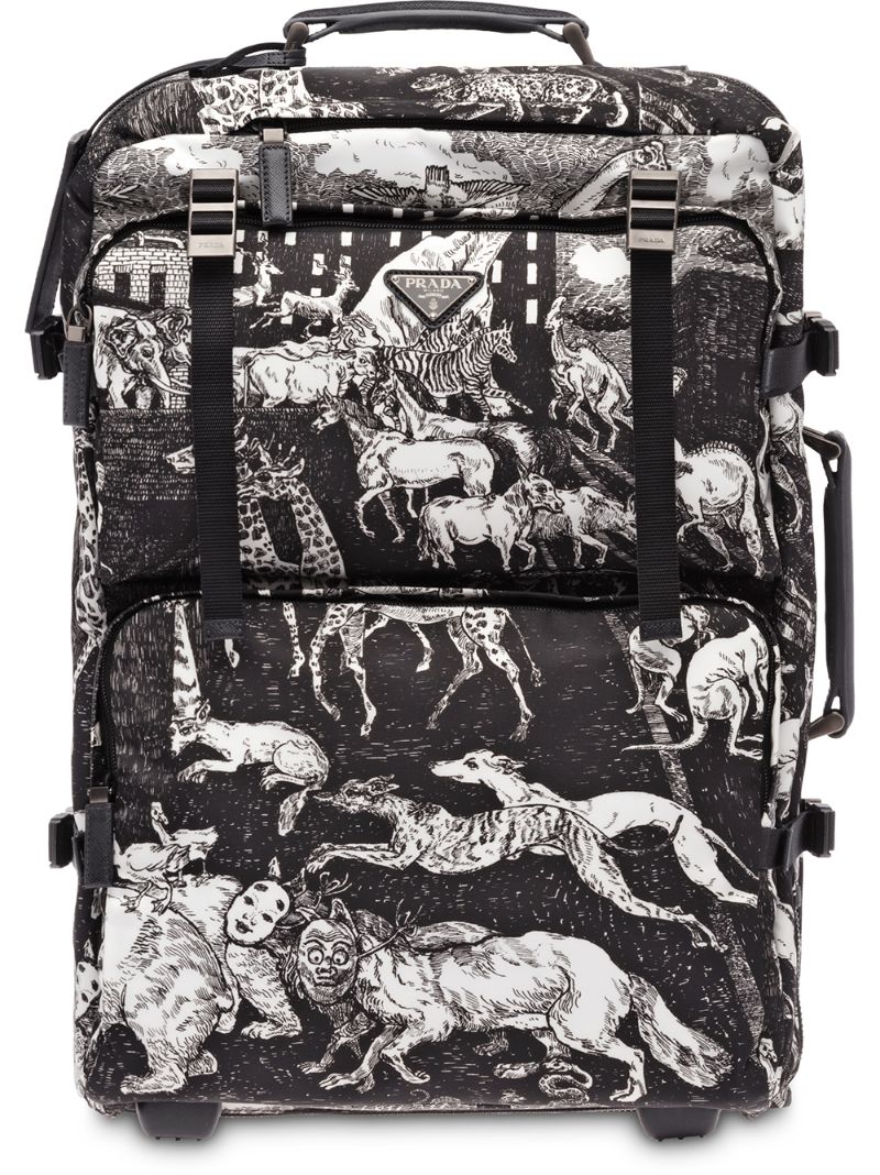 PRADA PRADA 动物印花十字纹真皮拉杆行李箱 - 黑色
