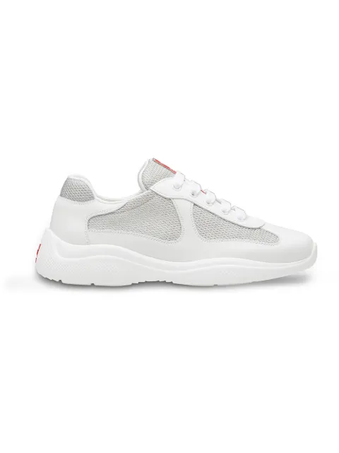 Click to view more detailed imagery on our partner's website Prada White, Grey And Red America's Cup Leather And Mesh Sneakers