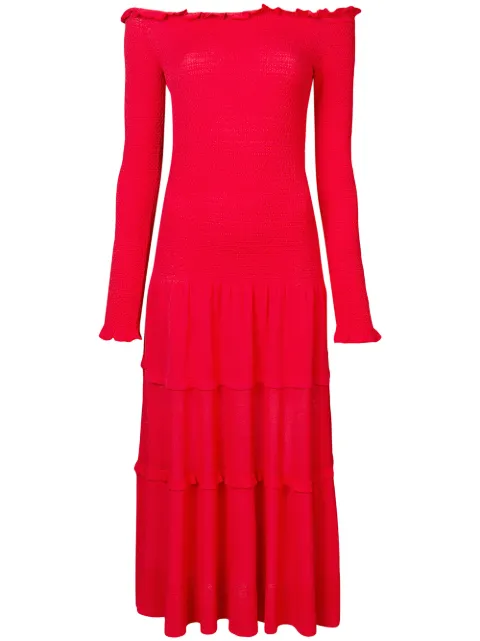 Click to view more detailed imagery on our partner's website Altuzarra Vendaval Off-the-shoulder Long-sleeve Smocked Tiered Midi Dress In Red