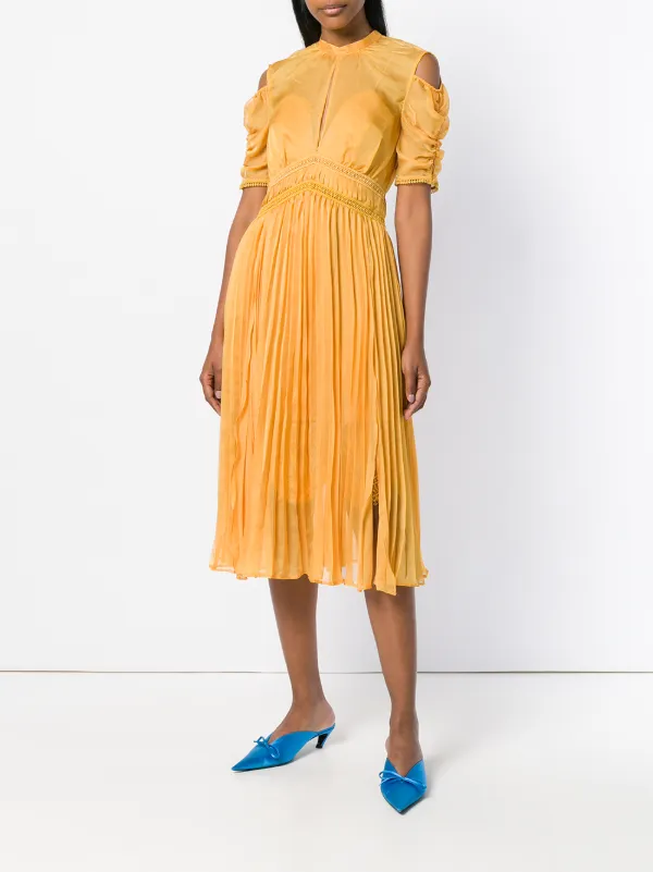 mustard pleated midi dress