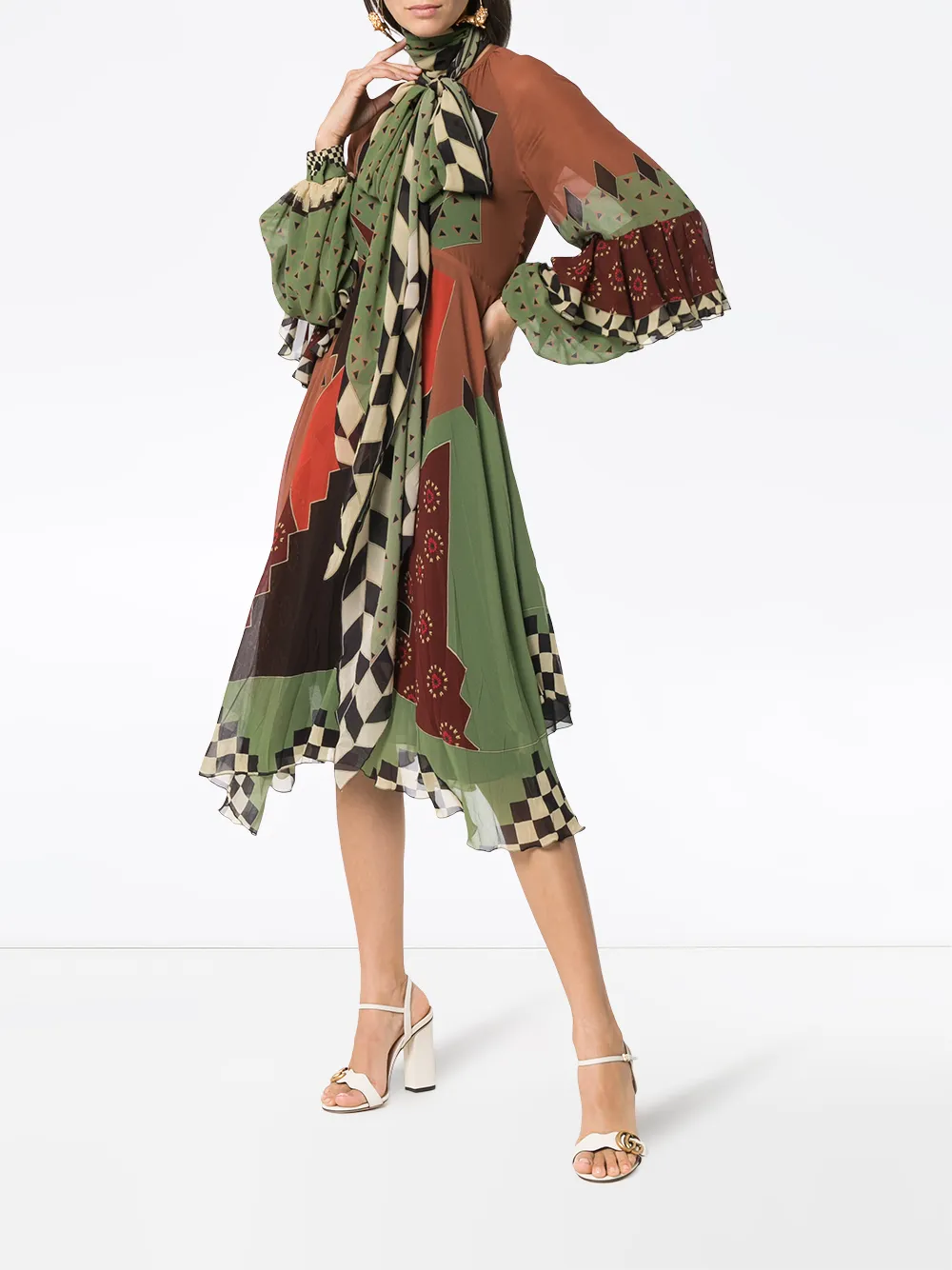 ETRO silk patchwork tie neck midi dress Bruin