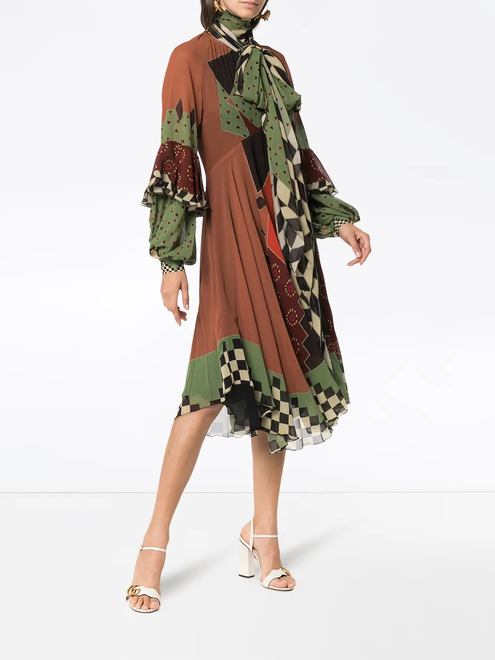 ETRO silk patchwork tie neck midi dress Bruin