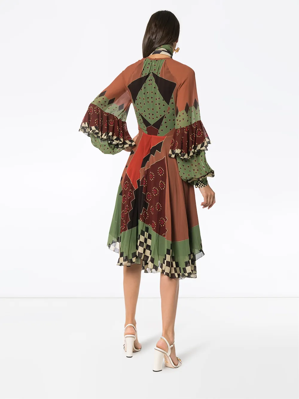 ETRO silk patchwork tie neck midi dress Bruin