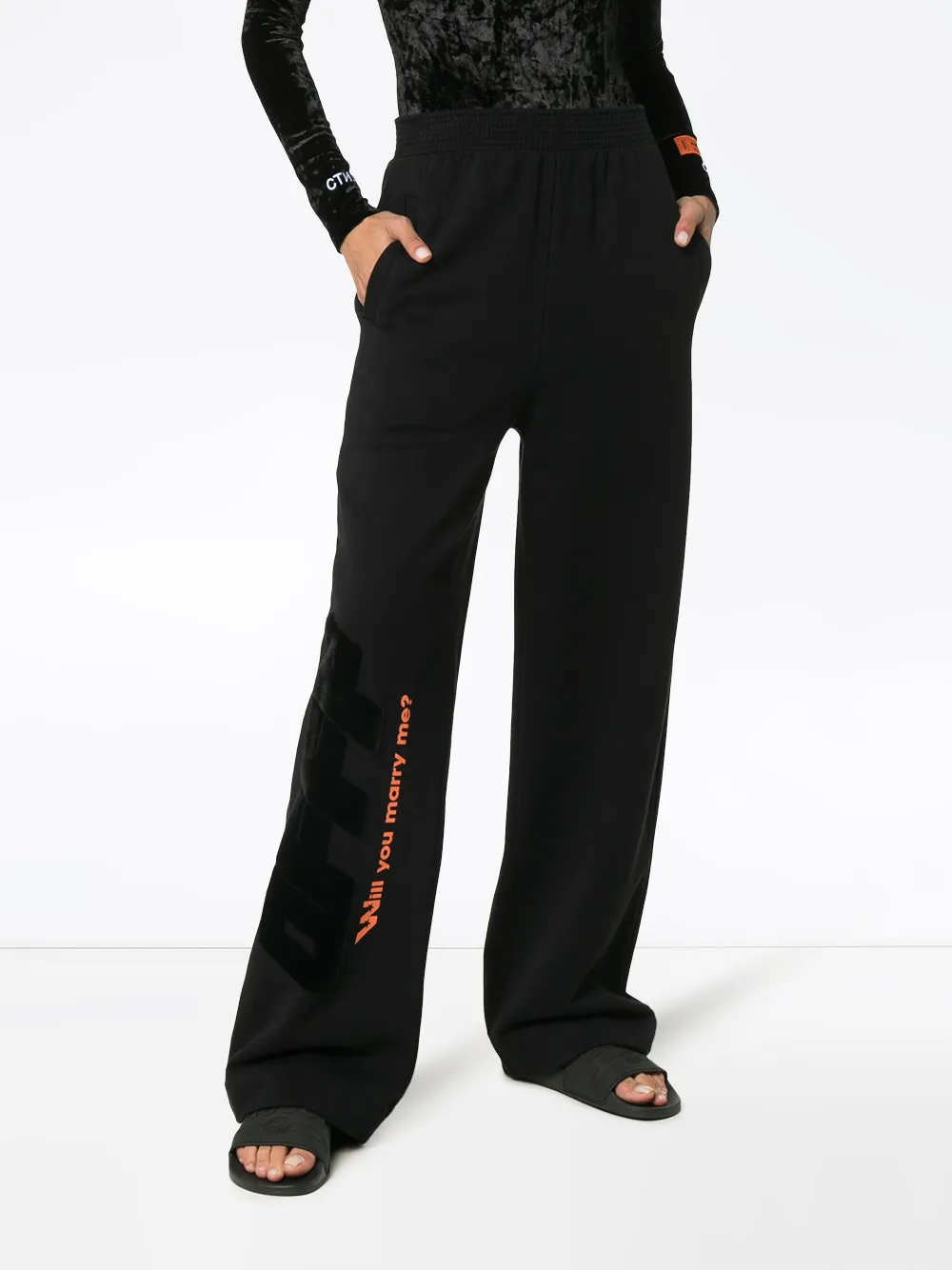 Off-White high waist katoenen broek met textdessin Zwart