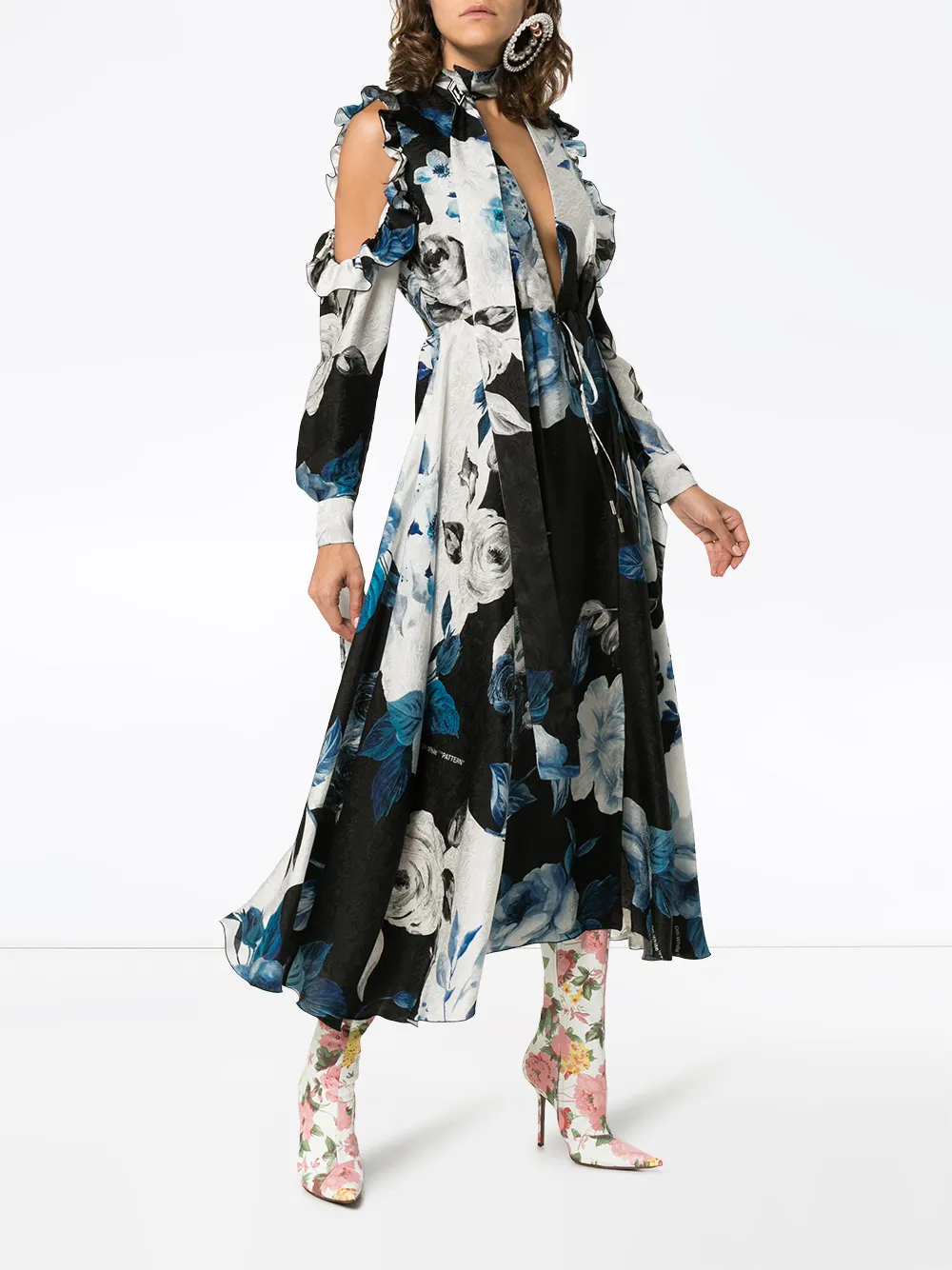  Off White Midikleid Mit Blumenmuster   Blau 