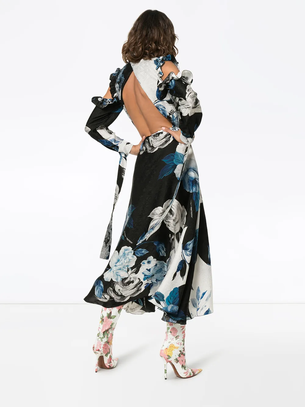 Off-White uitlopende midi jurk met bloemdessin Blauw