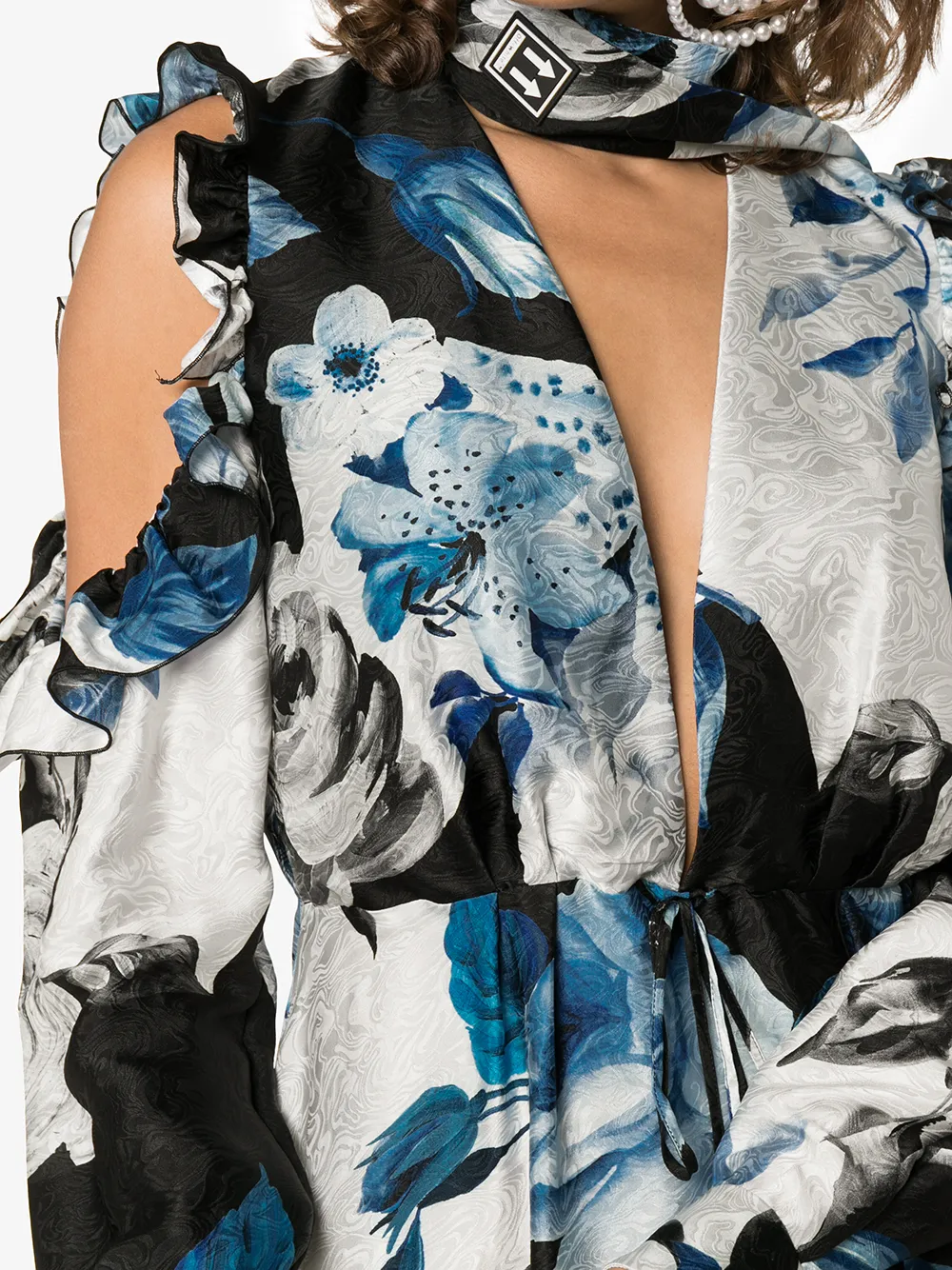 Off-White uitlopende midi jurk met bloemdessin Blauw