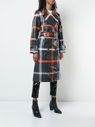 plaid print belted trench coat展示图