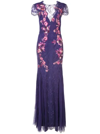 marchesa notte blue bird lace dress