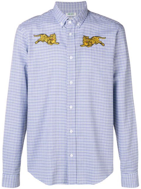 KENZO KENZO EMBROIDERED TIGER CHECKED BUTTONDOWN SHIRT - BLUE