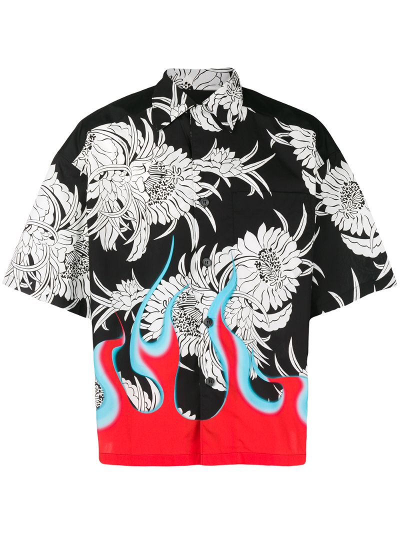 Prada Short Sleeve 'dahlia Flower' Shirt In Black | ModeSens