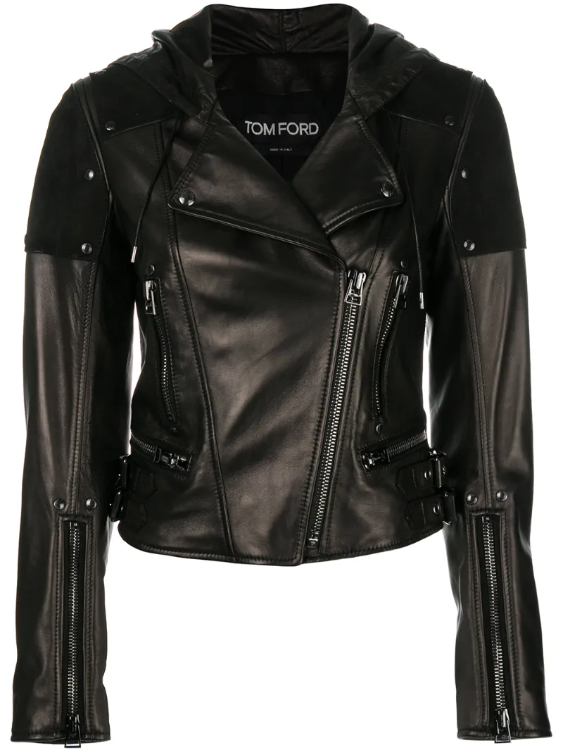 Tom Ford Zip Front Leather And Suede Hooded Biker Jacket In Black Tom Ford Zip Front Leather And Suede Hooded Biker Jacket In Black