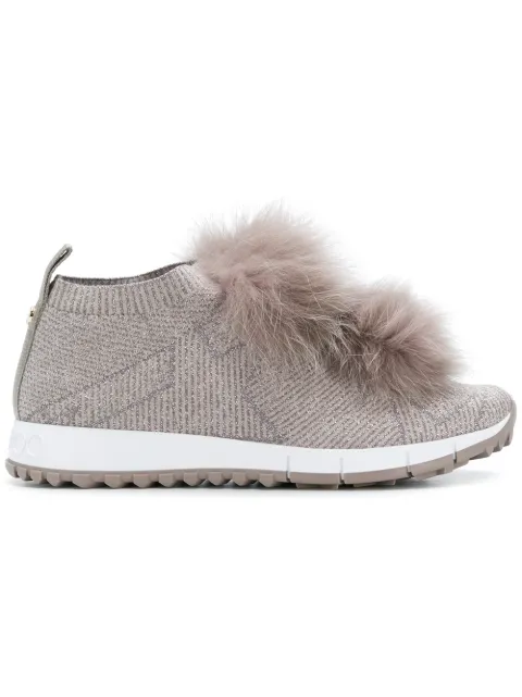 Click to view more detailed imagery on our partner's website Jimmy Choo Norway Opal Grey Knit And Lurex Trainers With Grey Fur Pom Poms In Neutrals