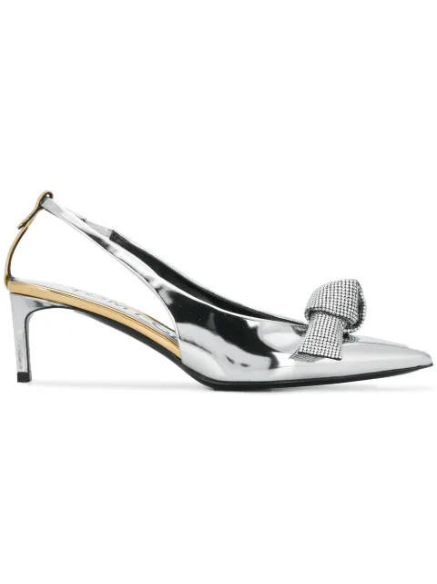 Click to view more detailed imagery on our partner's website Tom Ford Mirrored Metallic Slingback Pumps With Crystal Bow In Silver