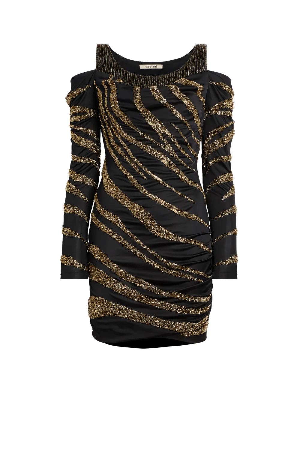 Click to view more detailed imagery on our partner's website Roberto Cavalli Embellished Cold Shoulder Mini Dress In Black