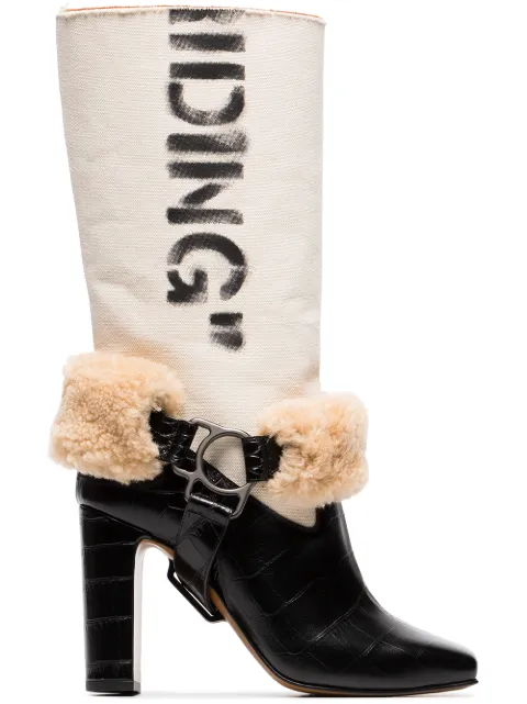 Off-White beige For Riding print canvas shearling boots
