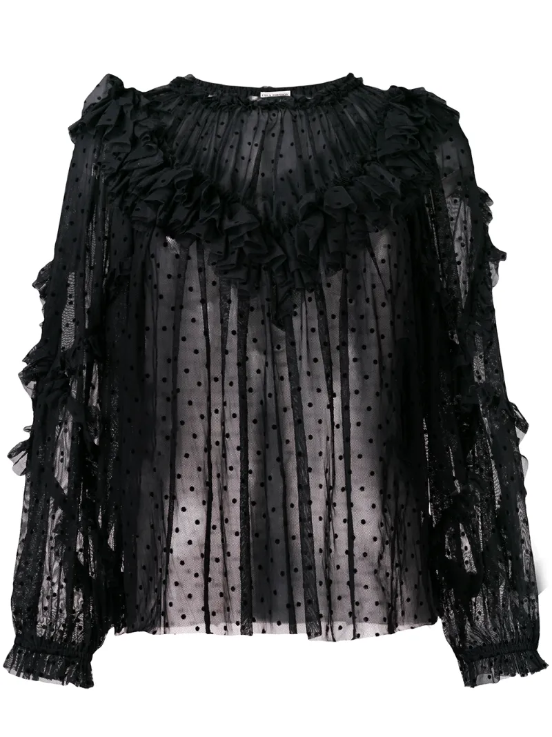Click to view more detailed imagery on our partner's website Ulla Johnson Dita Ruffled Flocked Cotton-blend Tulle Blouse In Black