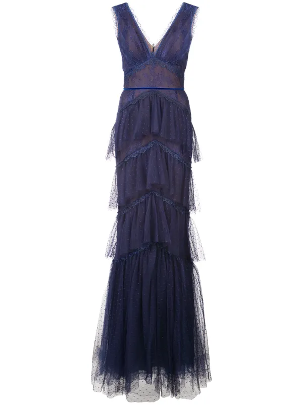 marchesa notte blue bird lace dress