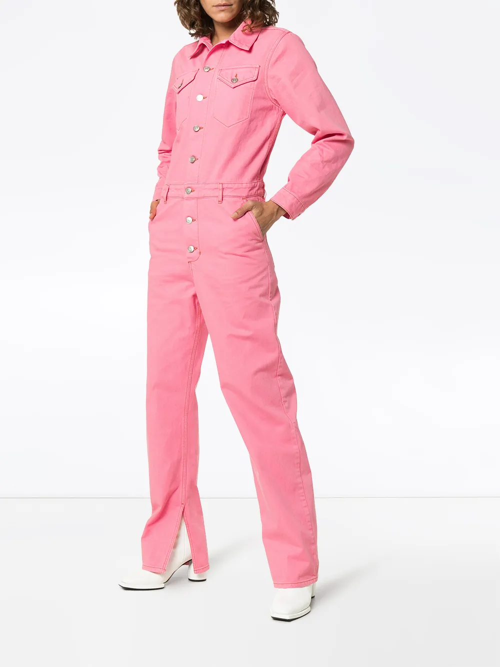 pink denim boiler suit