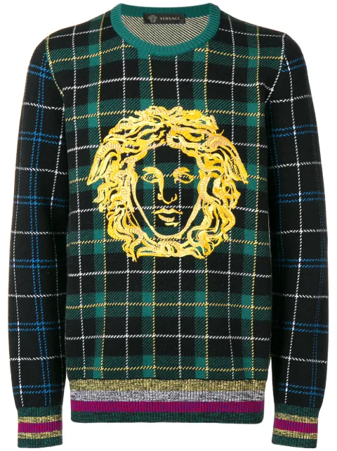 Embroidered Logo Modesens Versace Wool In Sweater Tartan Green 8Cdnva5