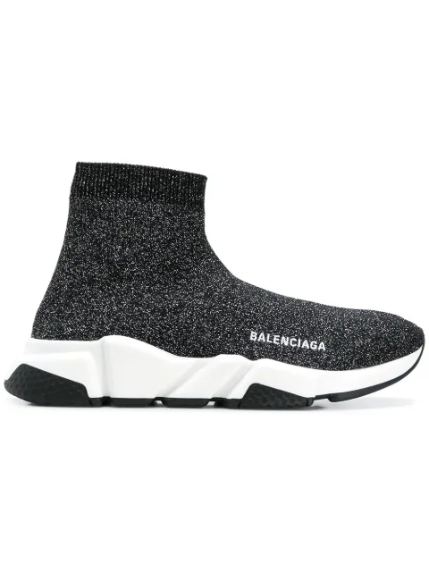 Click to view more detailed imagery on our partner's website Balenciaga Speed Logo-Embroidered Metallic Stretch-Knit High-Top Sneakers In Black