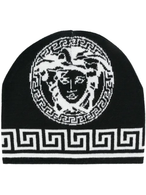 versace logo knit beanie in black