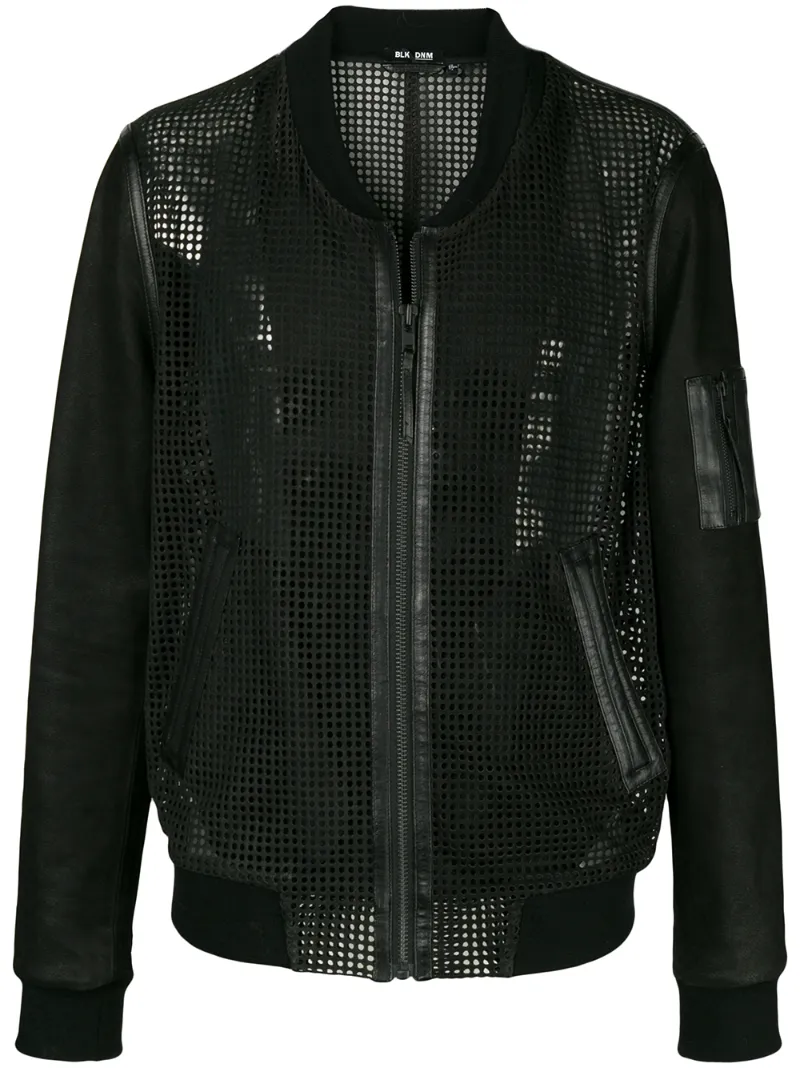 Blk Dnm collarless leather mesh-like jacket